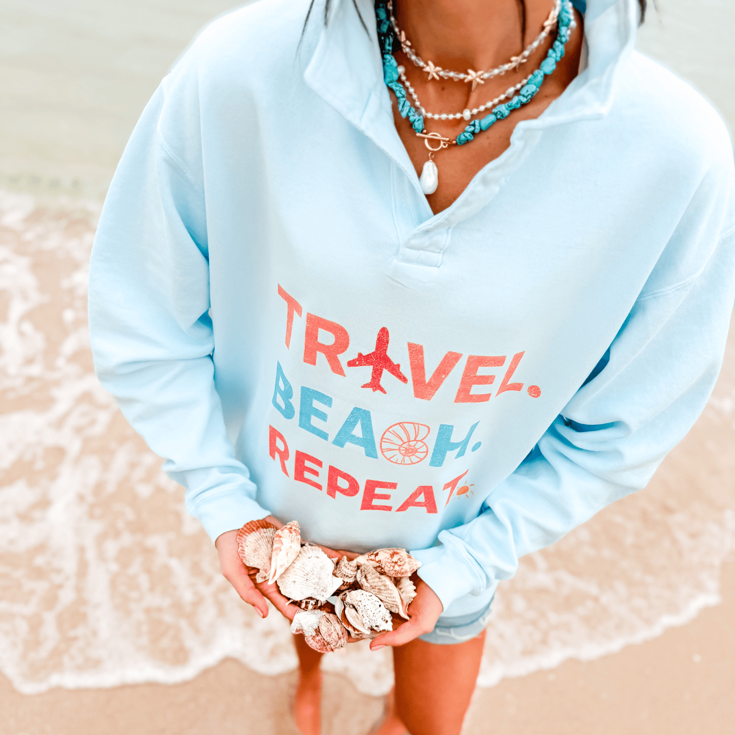 model wearing Travel, Beach, Repeat! Collegiate Crewneck