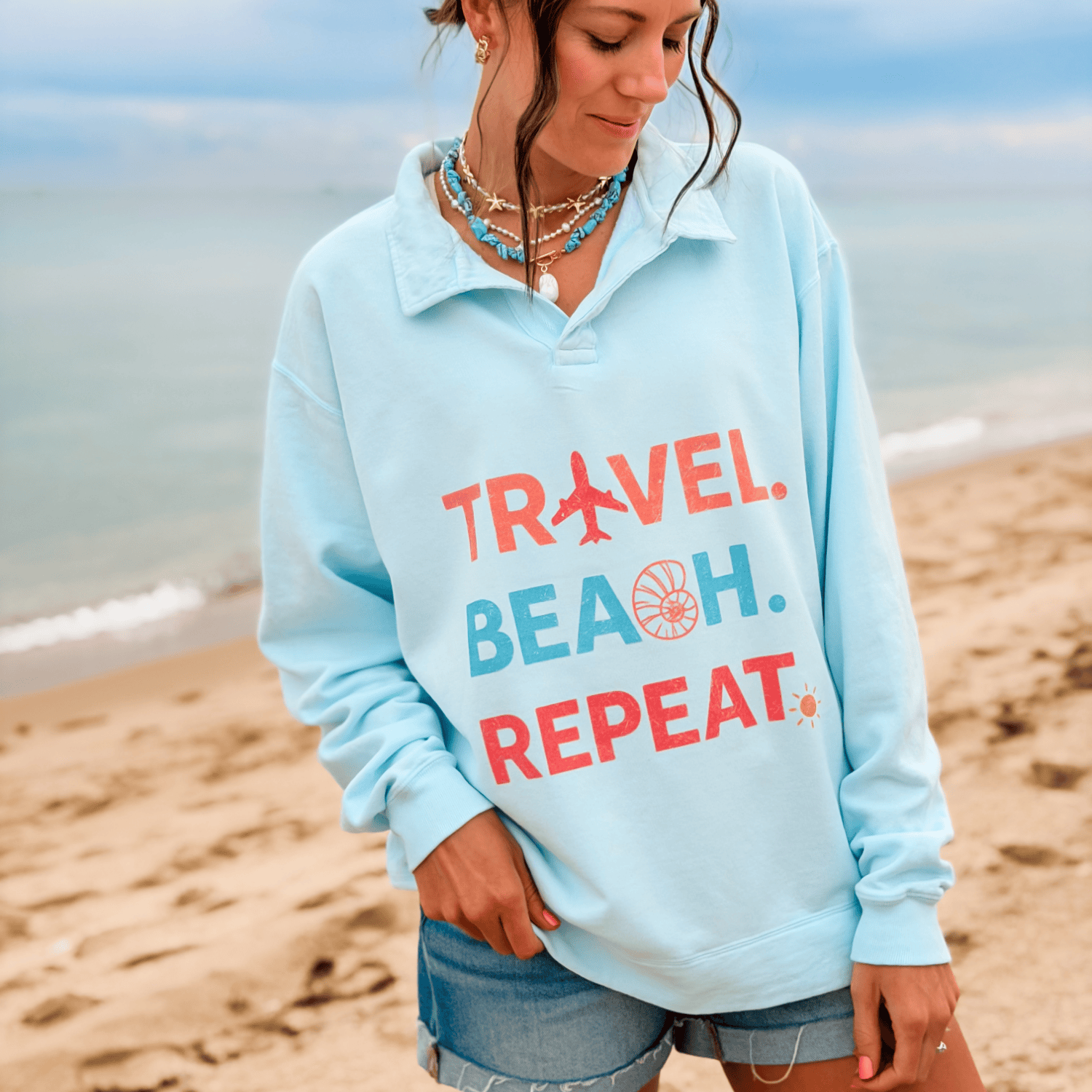 model wearing Travel, Beach, Repeat! Collegiate Crewneck
