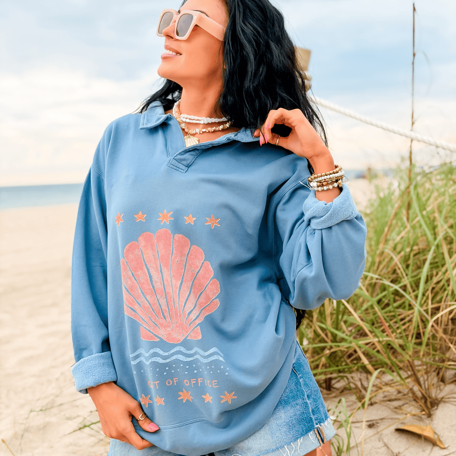 model wearing Out of Office Collegiate Crewneck