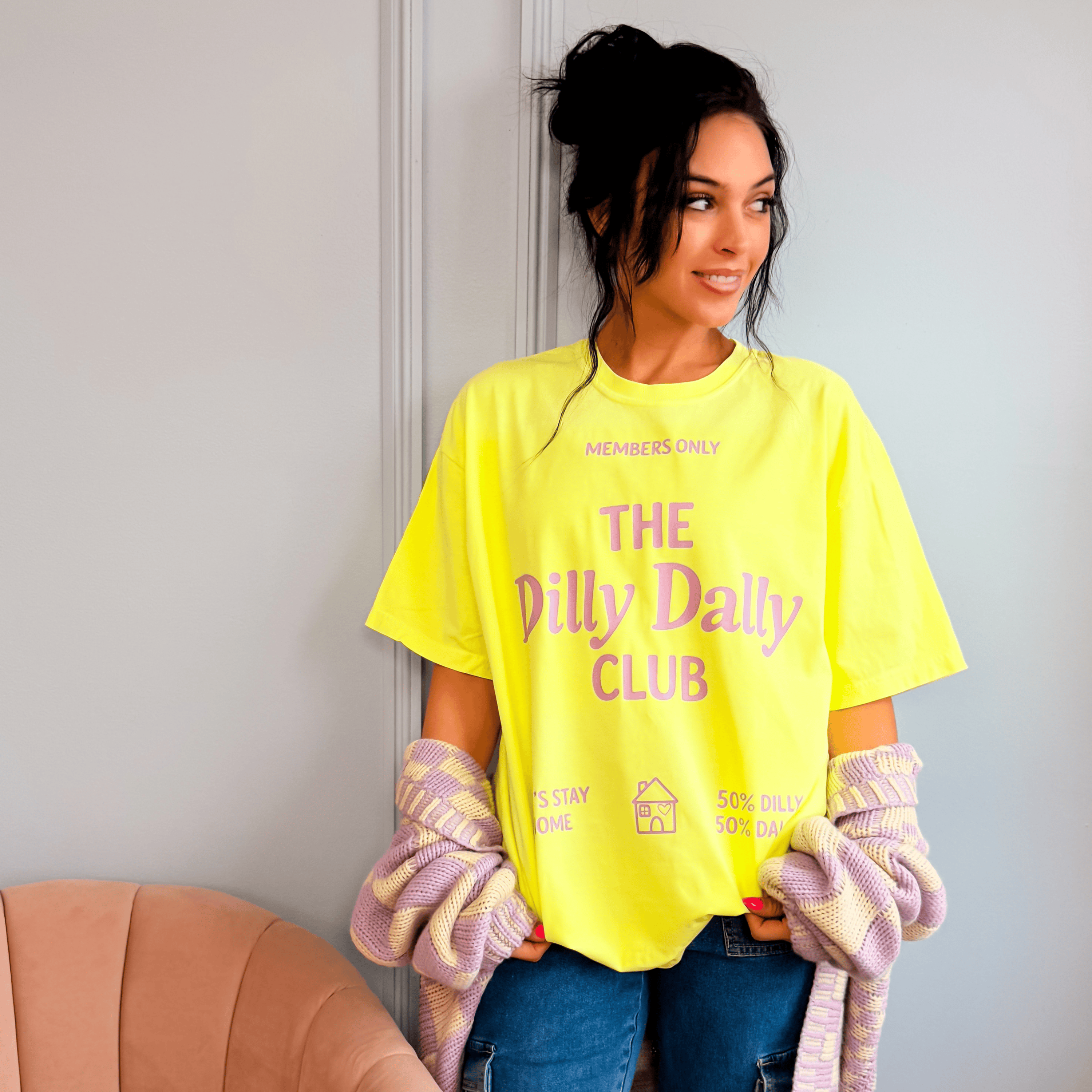 model wearing Dilly Dally Club Neon Tee
