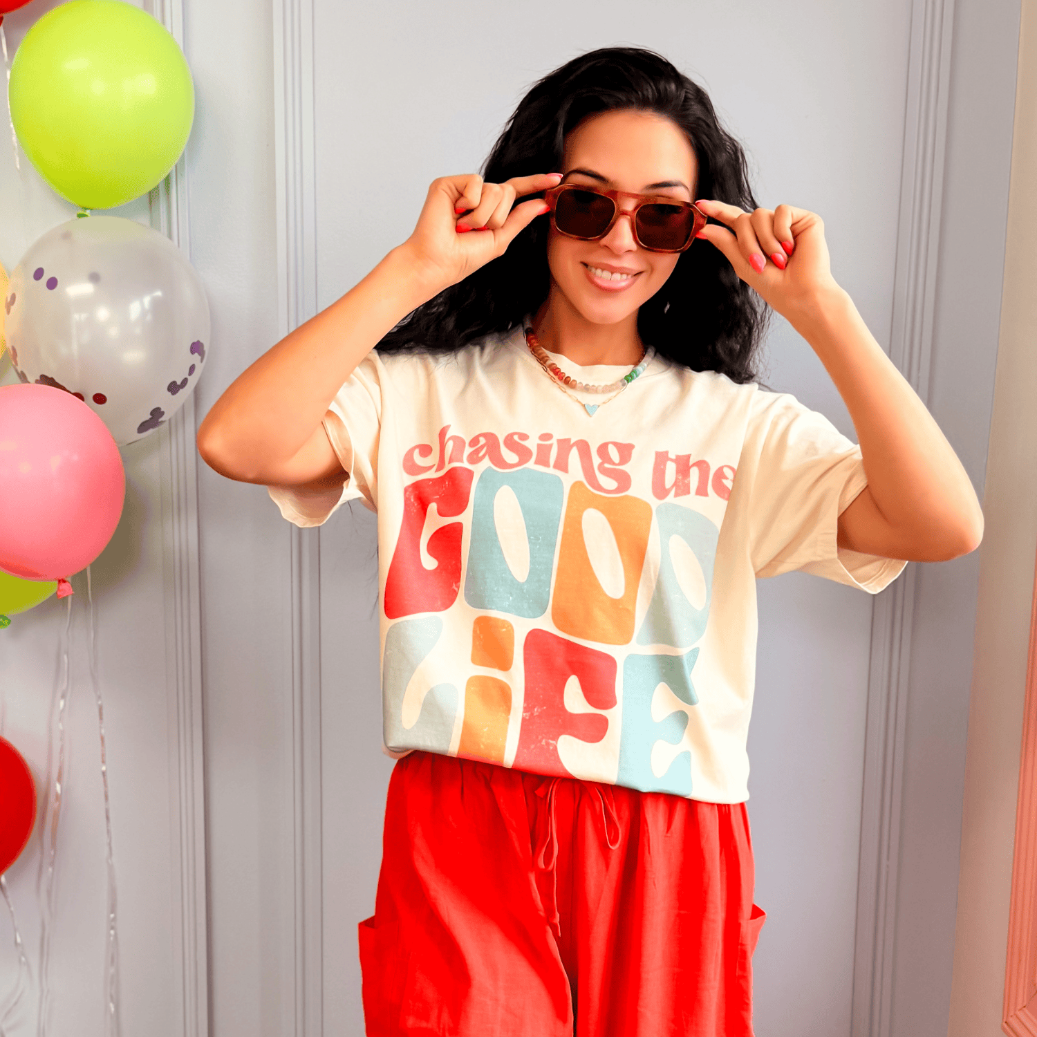 model wearing Chasing The Good Life Tee