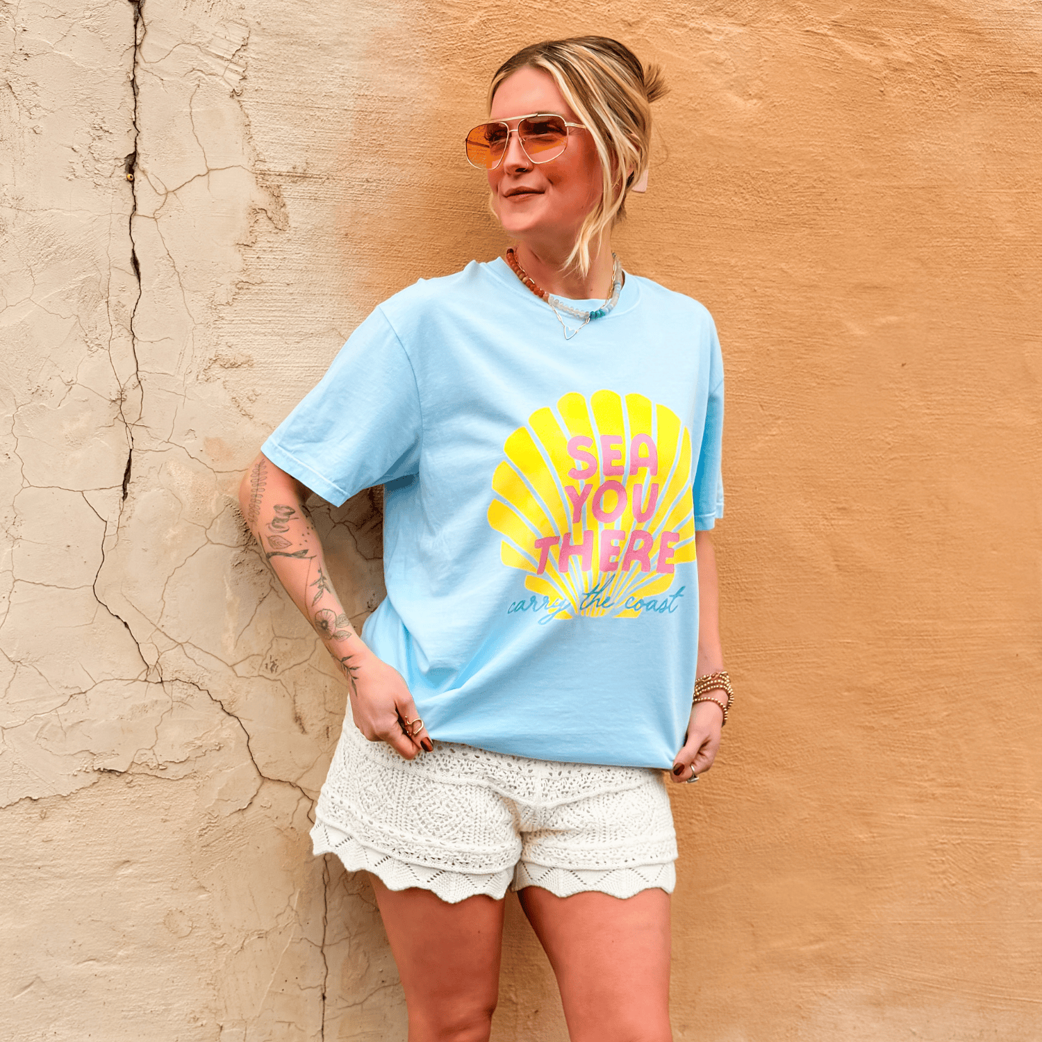 model wearing Sea You There Tee