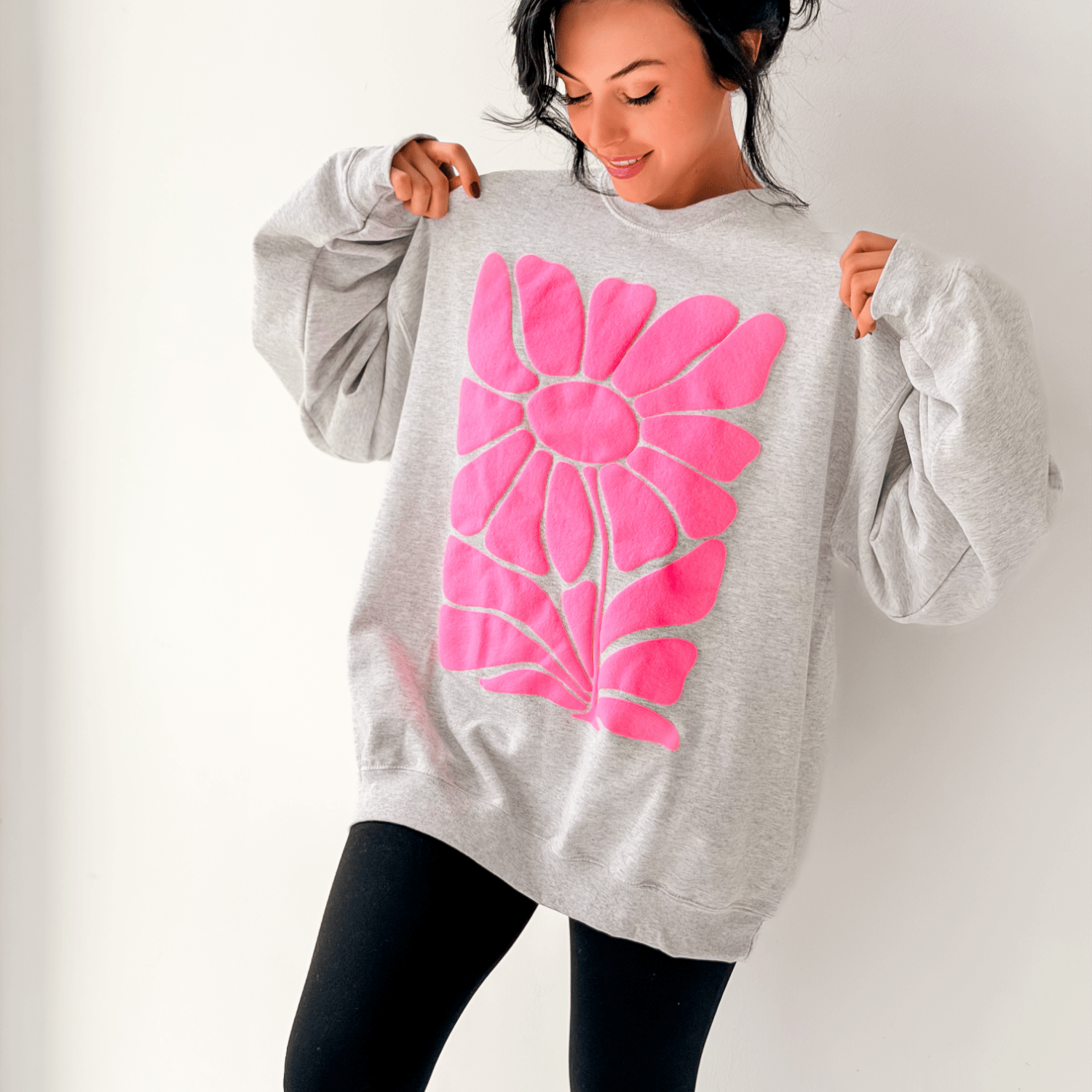 model wearing Pink Retro Flower Puff Sweatshirt