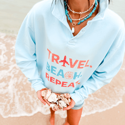 model wearing Travel, Beach, Repeat! Collegiate Crewneck
