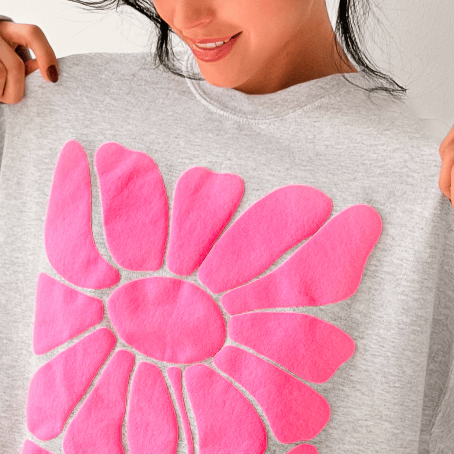 model wearing Pink Retro Flower Puff Sweatshirt