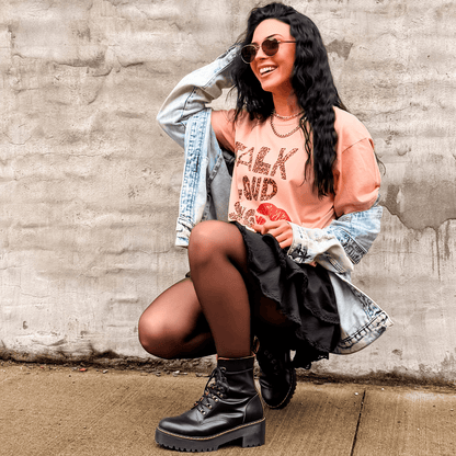 model wearing Sing Louder Tee