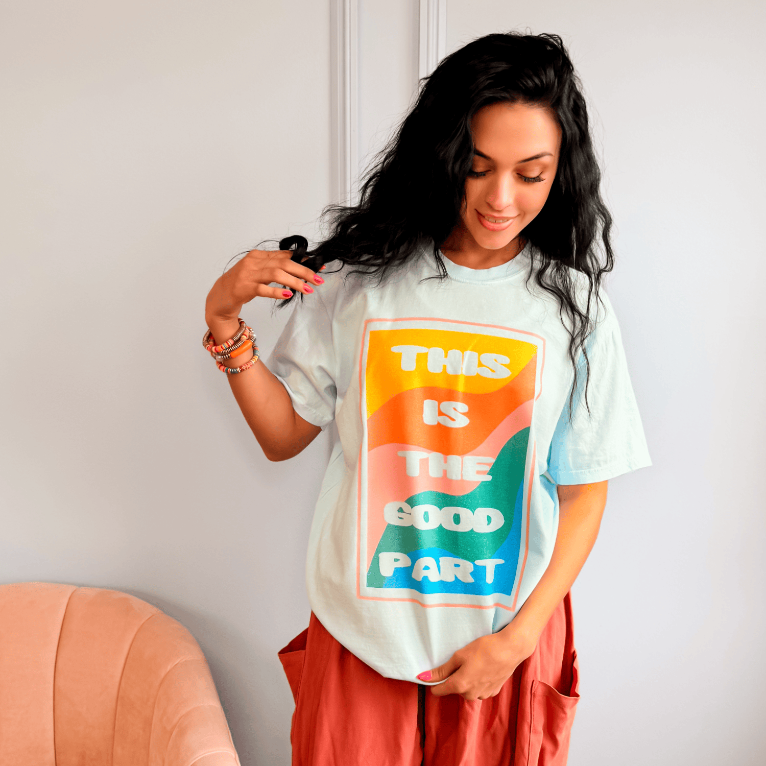 model wearing This Is The Good Part Tee