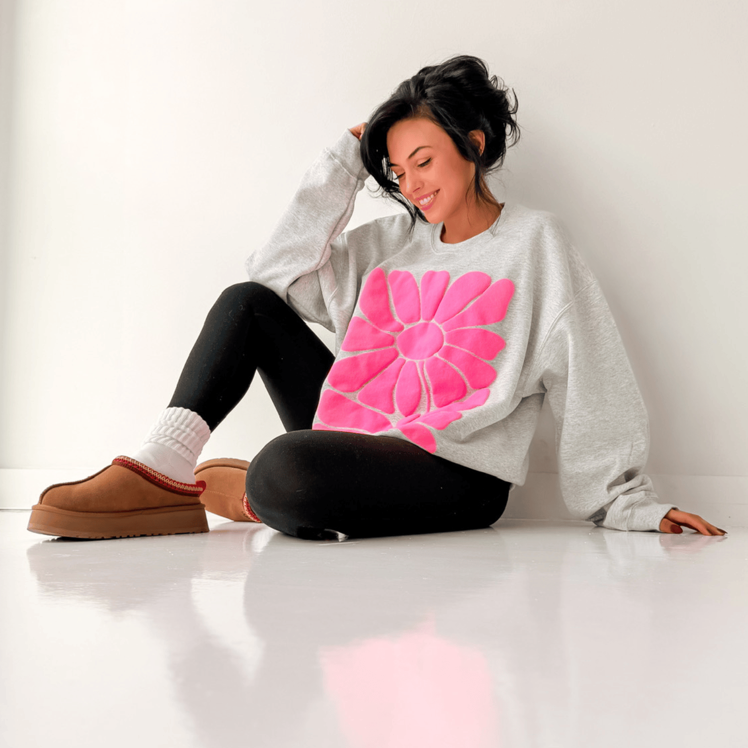 model wearing Pink Retro Flower Puff Sweatshirt