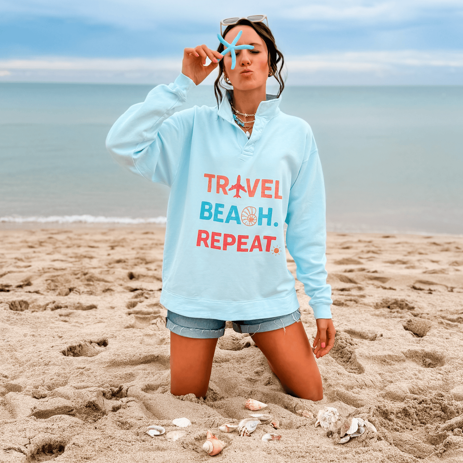 model wearing Travel, Beach, Repeat! Collegiate Crewneck