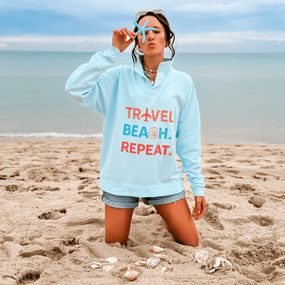 model wearing Travel, Beach, Repeat! Collegiate Crewneck