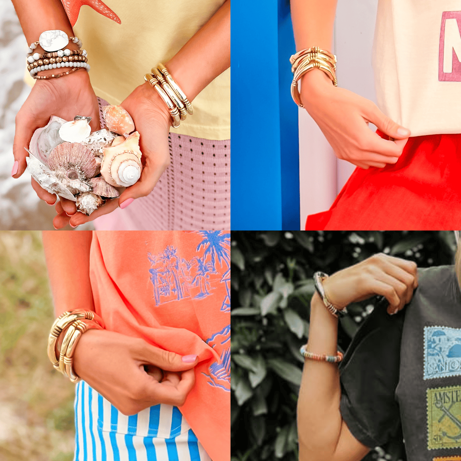Gold tube stretch bracelets in a 3-pack worn on wrists, featuring various skin tones and styled with casual outfits.