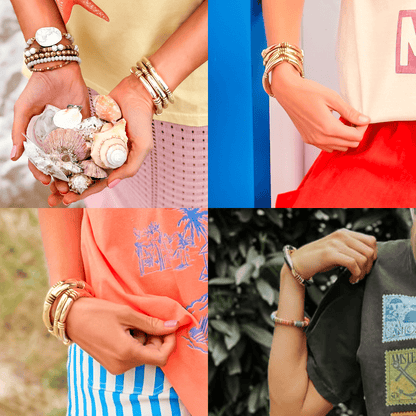 Gold tube stretch bracelets in a 3-pack worn on wrists, featuring various skin tones and styled with casual outfits.