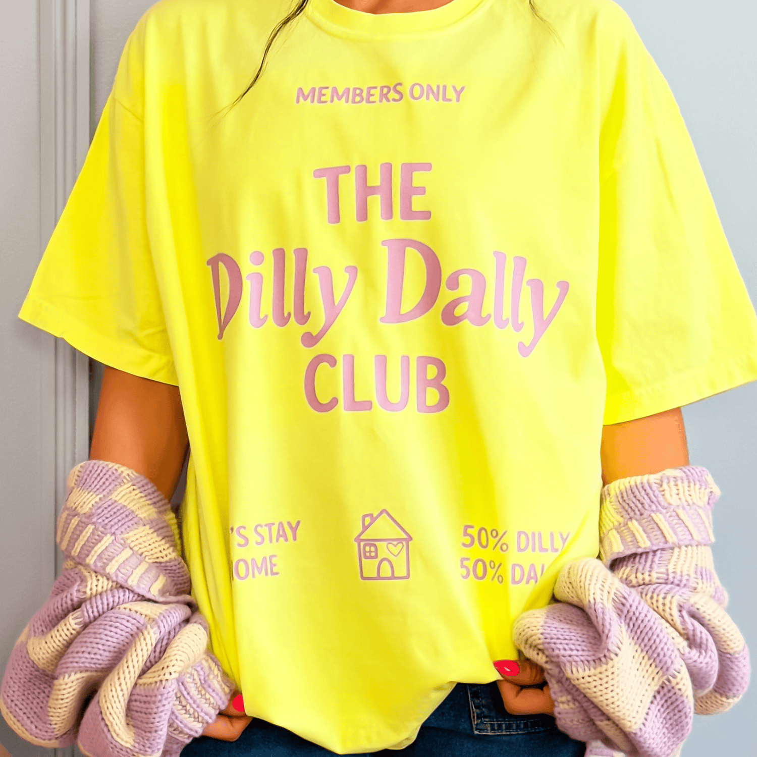 model wearing Dilly Dally Club Neon Tee