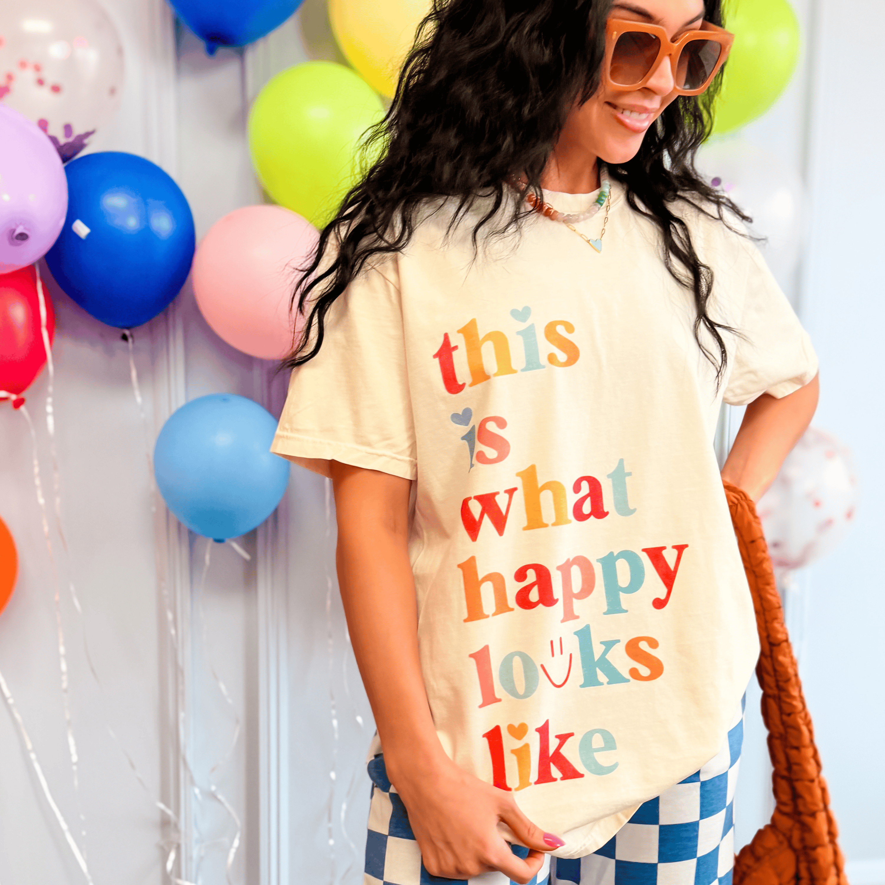 model wearing What Happy Looks Like Tee