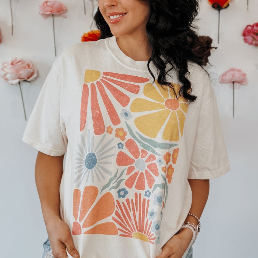 Colorful Retro Flowers Tee - NEW